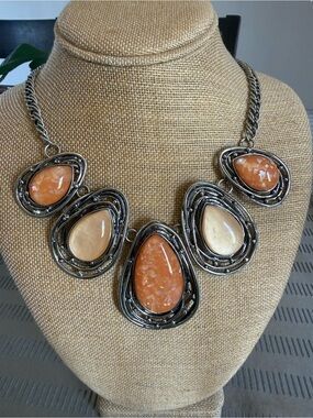 Chunky Silver Statement Necklace Peach Amber Stone Teardrop Bib Boho Boutique